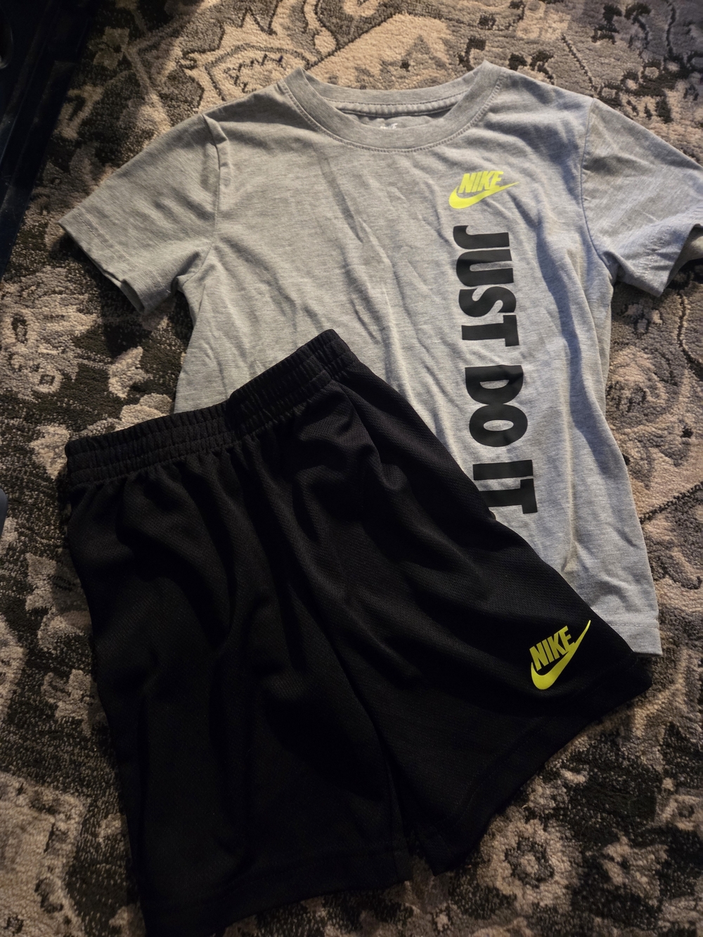 Nike Kids Grey Tee and Black Shorts Set with Neon Yellow Logo